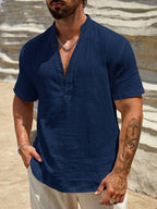 Relaxed Linen-Blend Shirt with Band Collar and Button-Front Placket