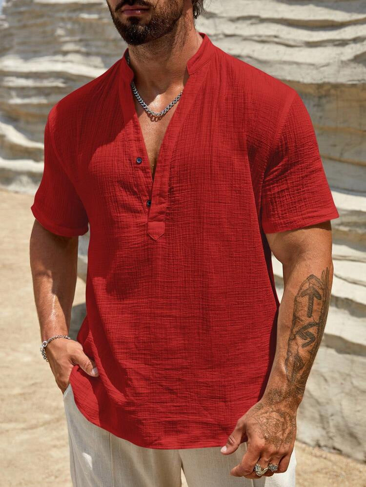 Relaxed Linen-Blend Shirt with Band Collar and Button-Front Placket