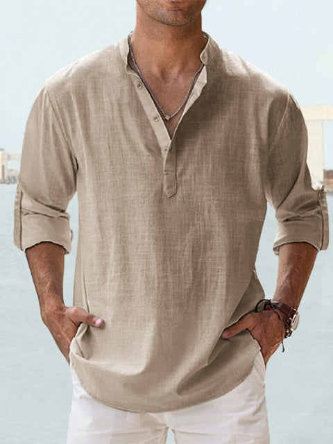 Effortless Casual Linen-Blend Shirt with Band Collar and Half-Placket