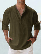 Effortless Casual Linen-Blend Shirt with Band Collar and Half-Placket