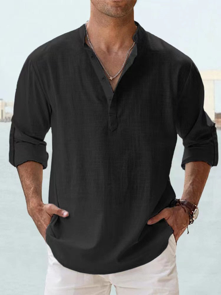 Effortless Casual Linen-Blend Shirt with Band Collar and Half-Placket