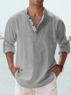 Effortless Casual Linen-Blend Shirt with Band Collar and Half-Placket