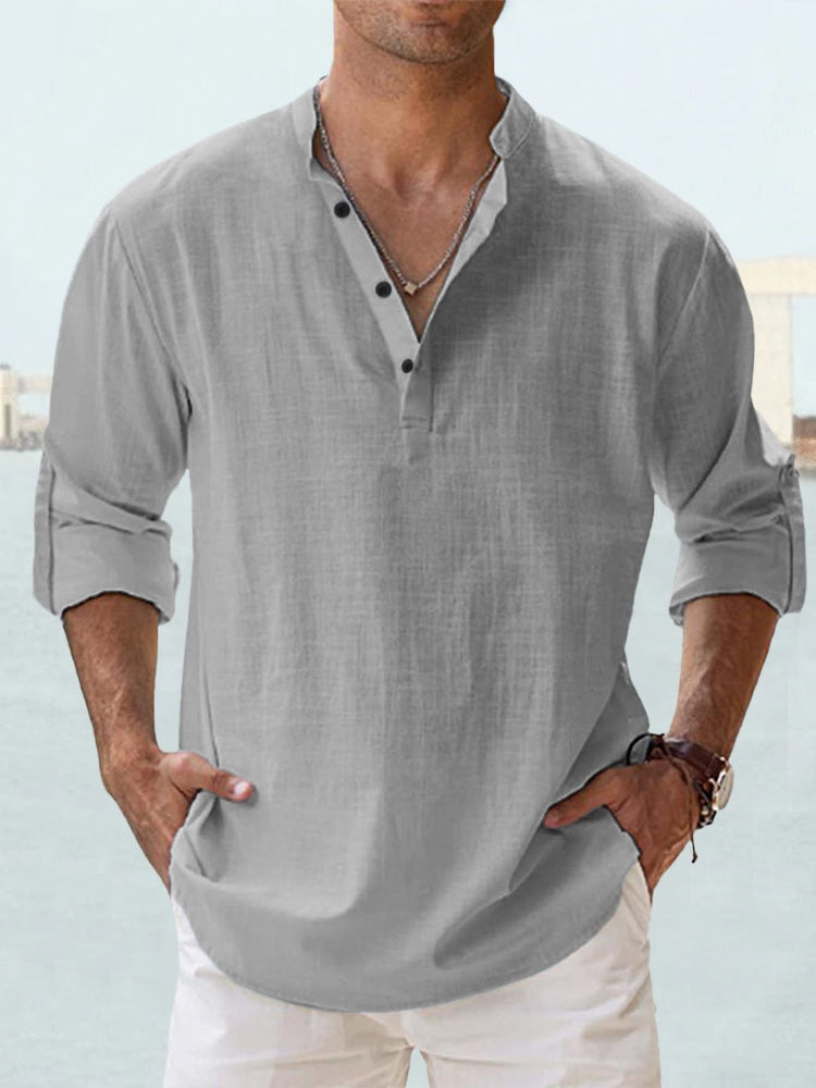 Effortless Casual Linen-Blend Shirt with Band Collar and Half-Placket
