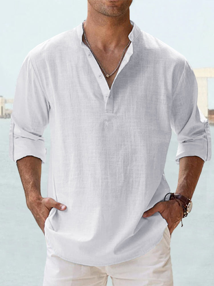 Effortless Casual Linen-Blend Shirt with Band Collar and Half-Placket