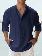 Effortless Casual Linen-Blend Shirt with Band Collar and Half-Placket