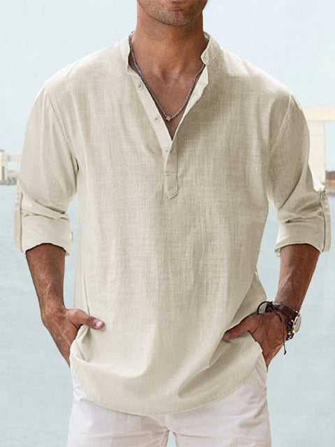 Effortless Casual Linen-Blend Shirt with Band Collar and Half-Placket