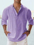 Effortless Casual Linen-Blend Shirt with Band Collar and Half-Placket