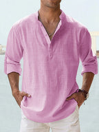Effortless Casual Linen-Blend Shirt with Band Collar and Half-Placket