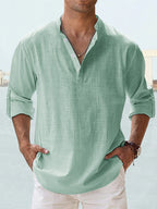 Effortless Casual Linen-Blend Shirt with Band Collar and Half-Placket