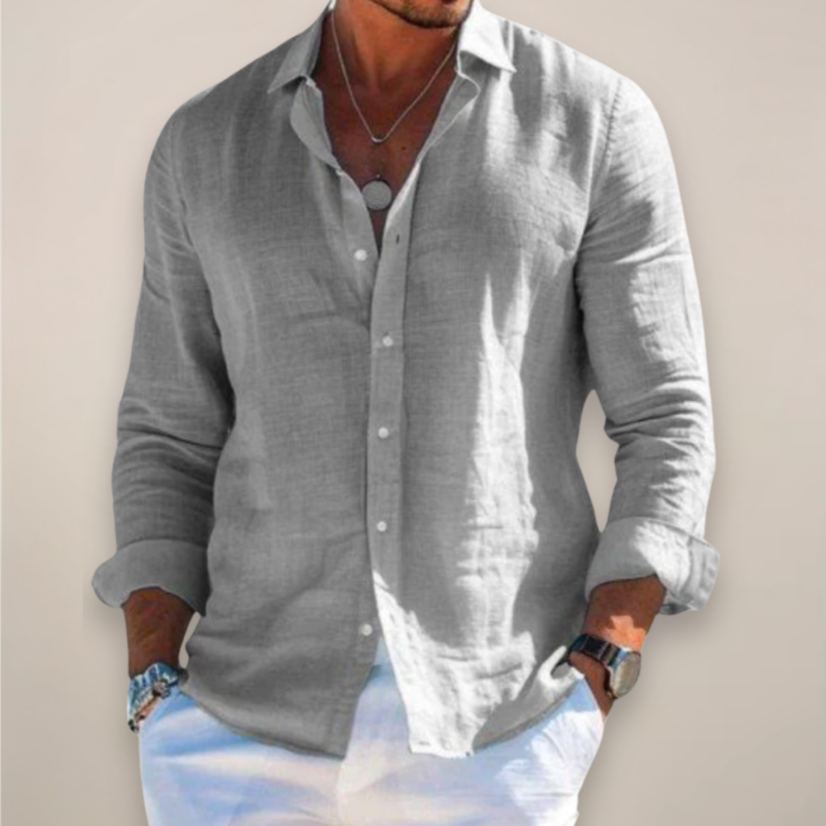 Casual Linen-Blend Shirt with Button-Front and Classic Point Collar