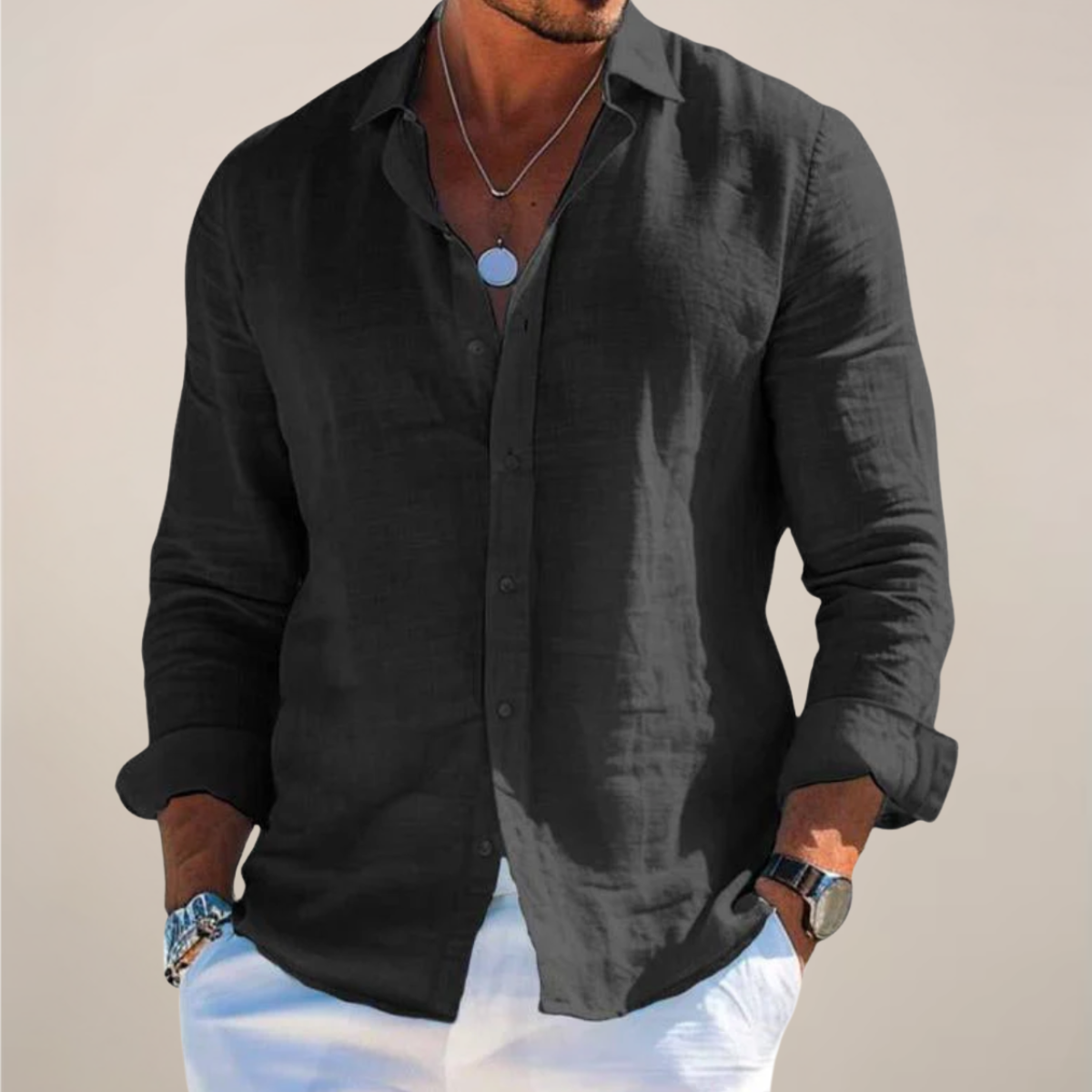Casual Linen-Blend Shirt with Button-Front and Classic Point Collar