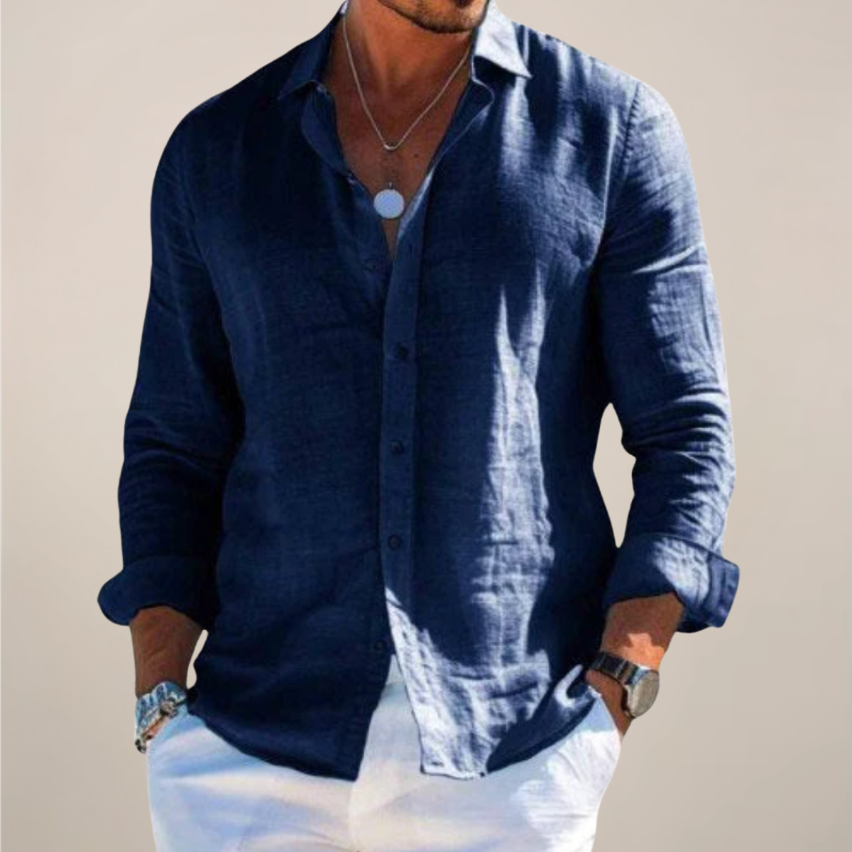 Casual Linen-Blend Shirt with Button-Front and Classic Point Collar
