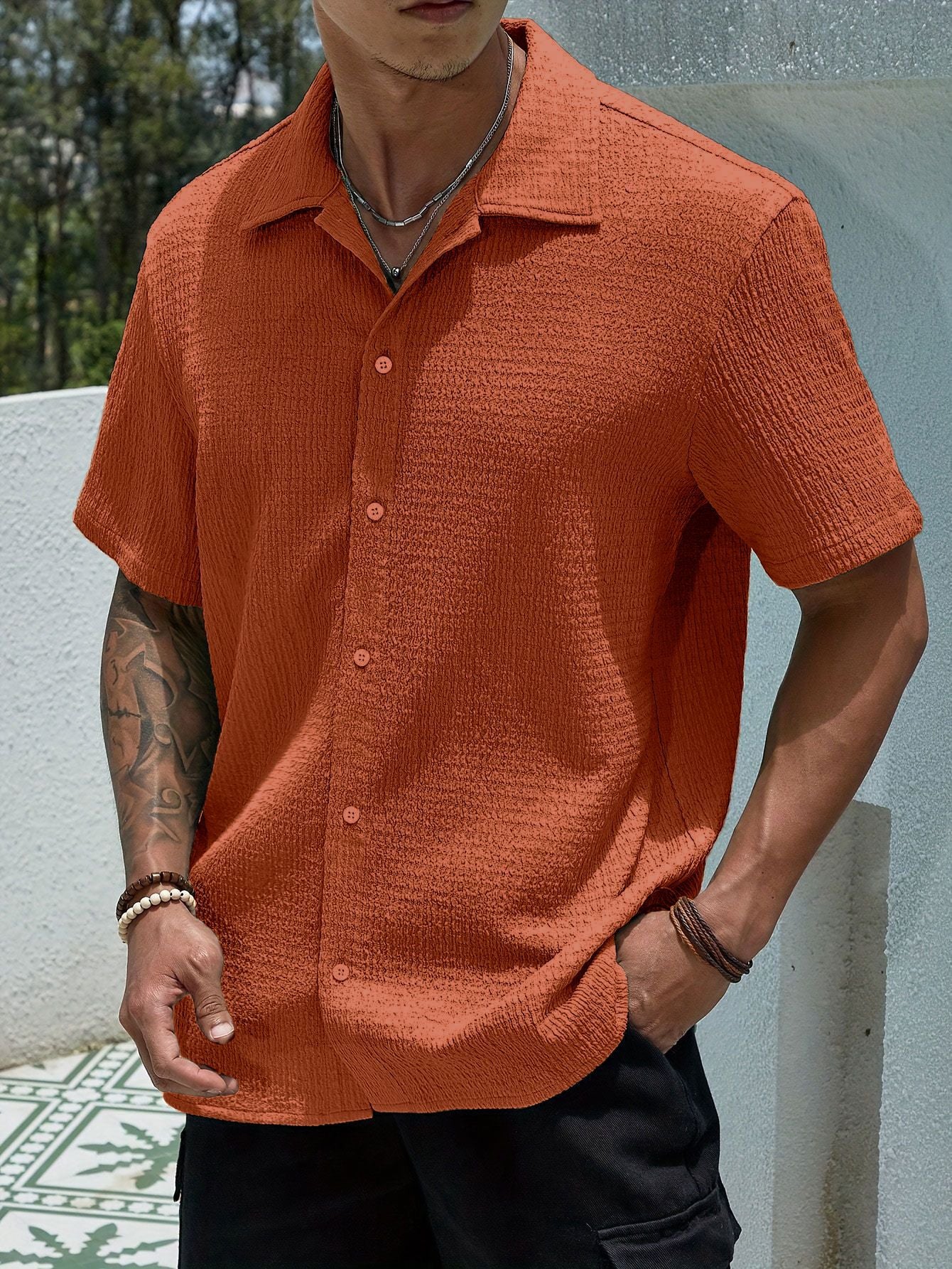 Relaxed Cuban-Collar Shirt with Button-Front