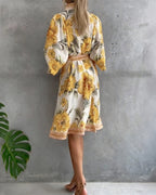 Rosalva - Printed robe with lantern sleeves and a choker necklace for women