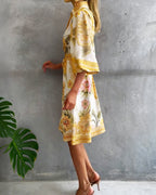 Rosalva - Printed robe with lantern sleeves and a choker necklace for women