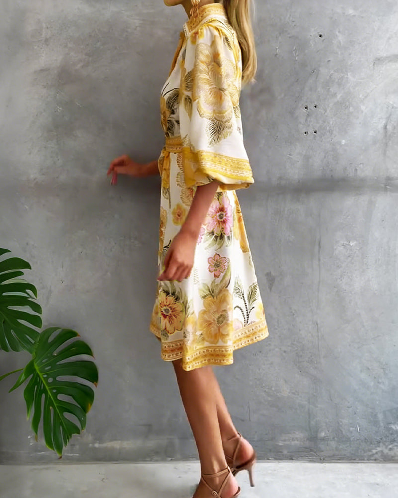 Rosalva - Printed robe with lantern sleeves and a choker necklace for women