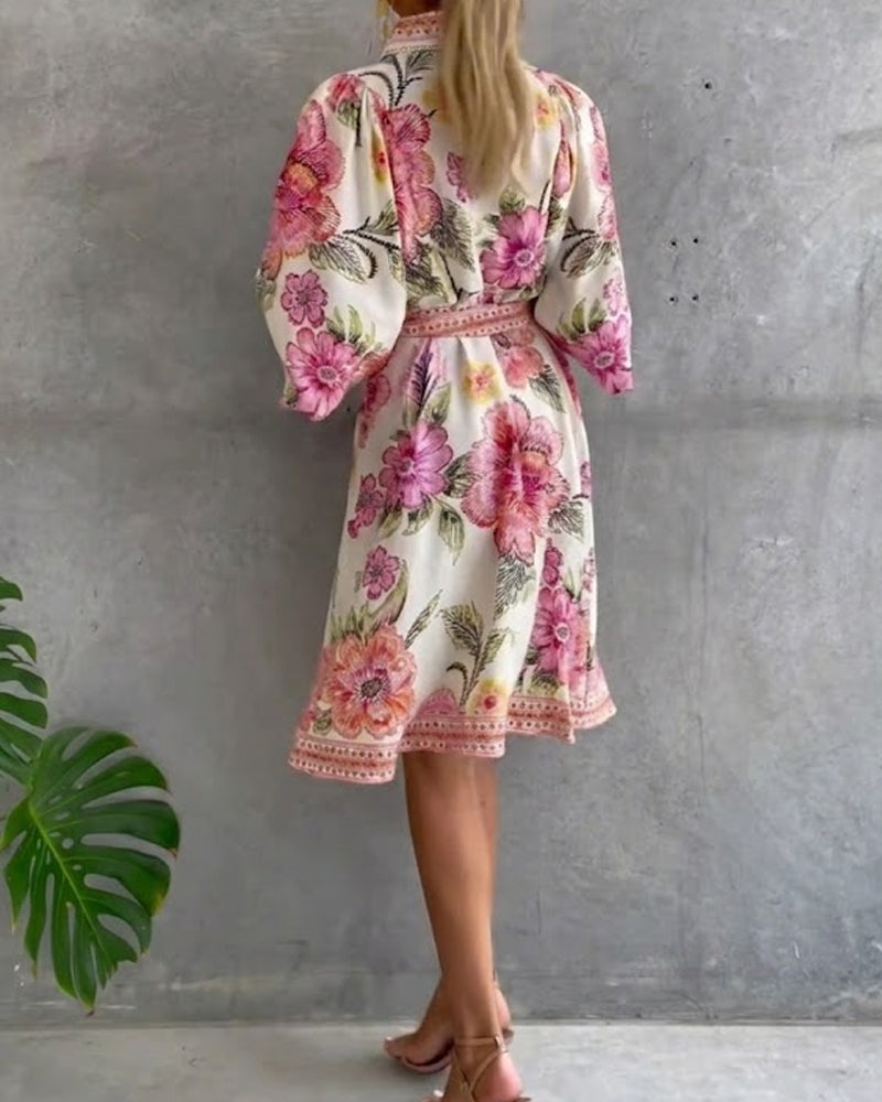 Rosalva - Printed robe with lantern sleeves and a choker necklace for women