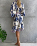 Rosalva - Printed robe with lantern sleeves and a choker necklace for women
