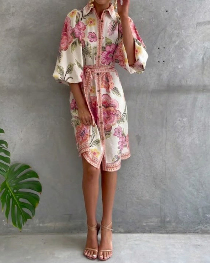 Rosalva - Printed robe with lantern sleeves and a choker necklace for women