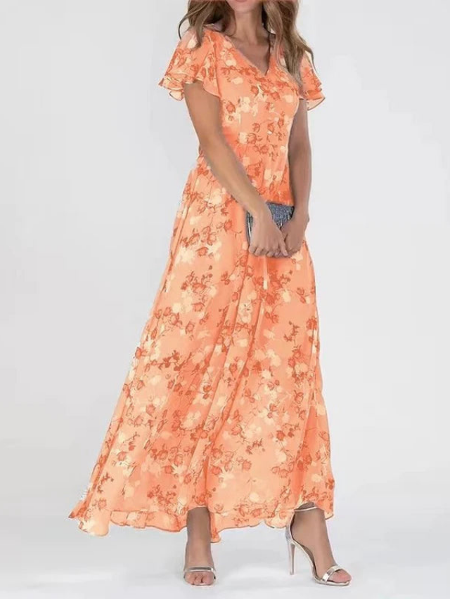 Elegant Floral Woven Maxi Dress for Women with V-Neck and Flutter Sleeves