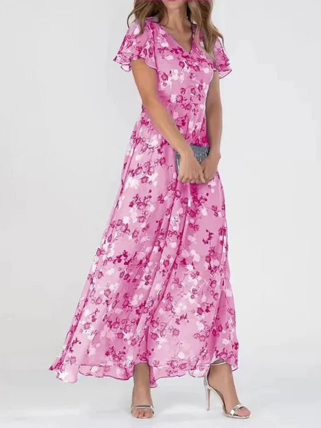 Elegant Floral Woven Maxi Dress for Women with V-Neck and Flutter Sleeves