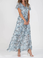 Elegant Floral Woven Maxi Dress for Women with V-Neck and Flutter Sleeves
