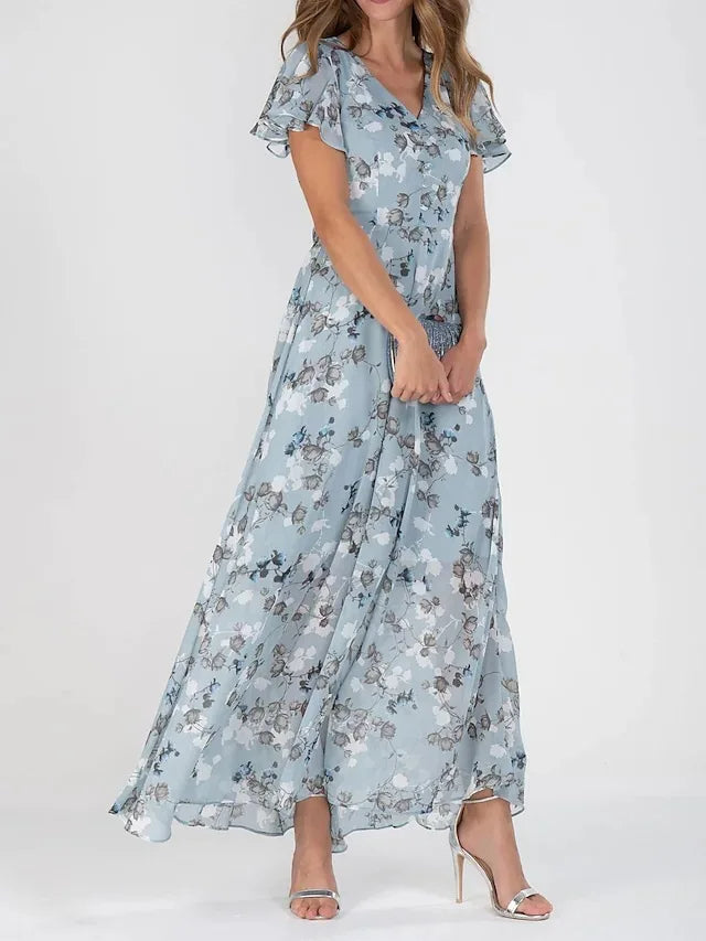Elegant Floral Woven Maxi Dress for Women with V-Neck and Flutter Sleeves