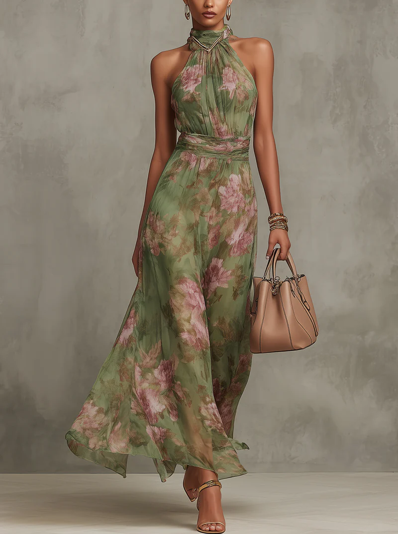 Elegant Halter-Neck Maxi Chiffon Dress with Floral Print