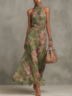 Elegant Halter-Neck Maxi Chiffon Dress with Floral Print