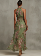 Elegant Halter-Neck Maxi Chiffon Dress with Floral Print