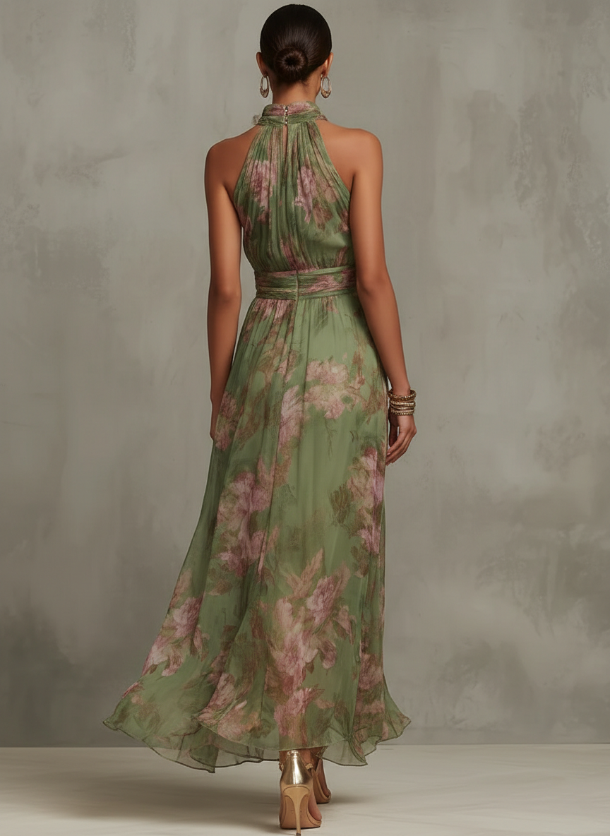 Elegant Halter-Neck Maxi Chiffon Dress with Floral Print