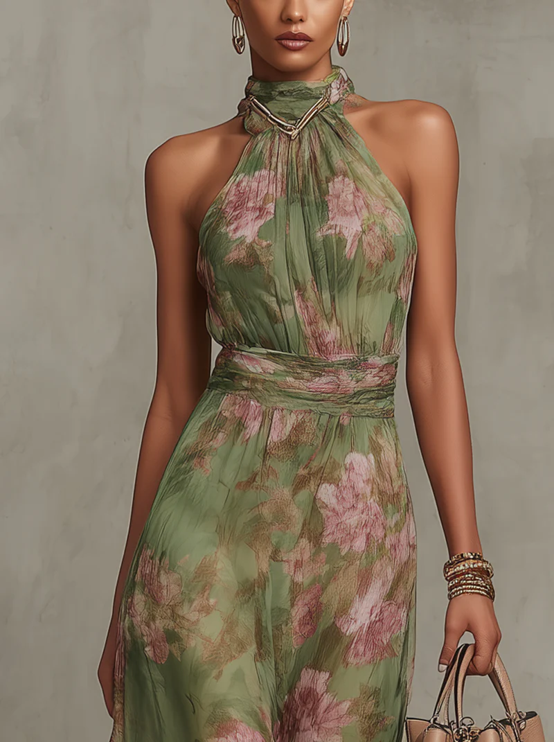 Elegant Halter-Neck Maxi Chiffon Dress with Floral Print