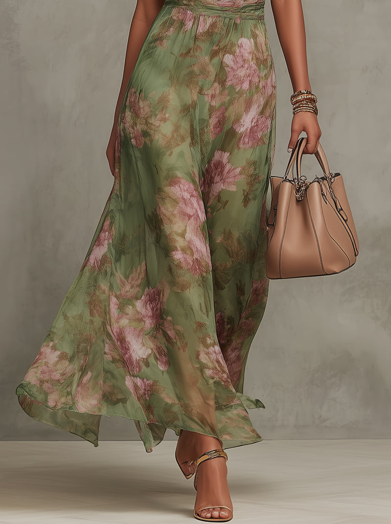 Elegant Halter-Neck Maxi Chiffon Dress with Floral Print