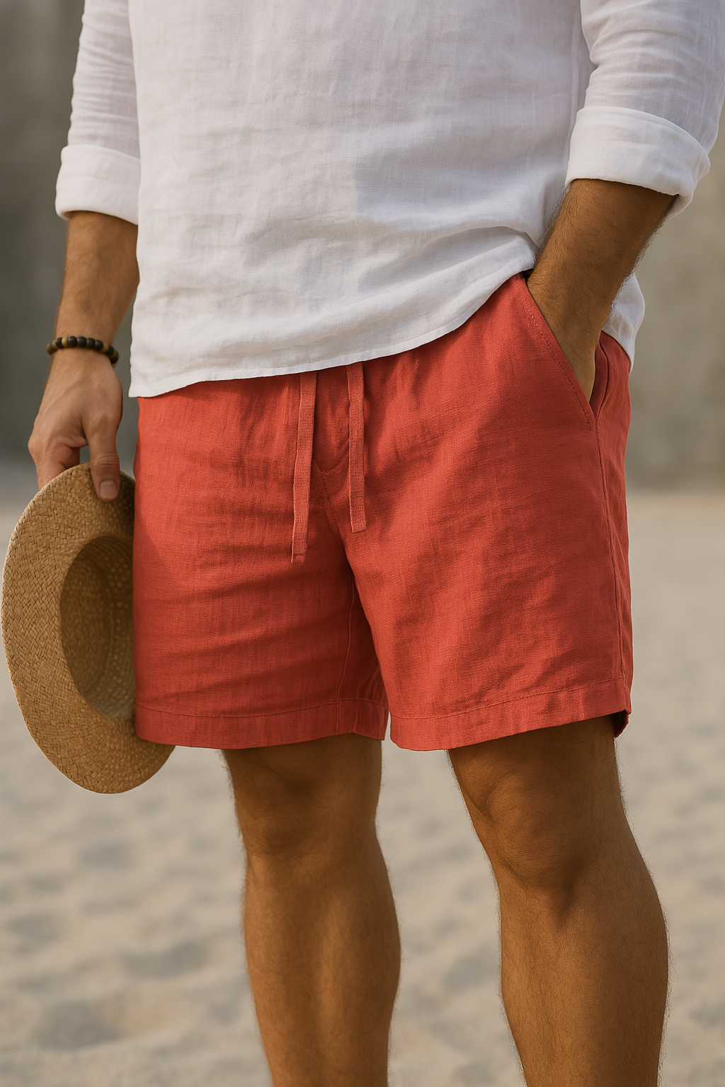 Men's Linen-Blend Casual Shorts with Drawstring Waist and Handy Pockets
