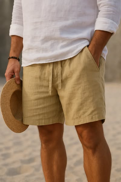 Men's Linen-Blend Casual Shorts with Drawstring Waist and Handy Pockets