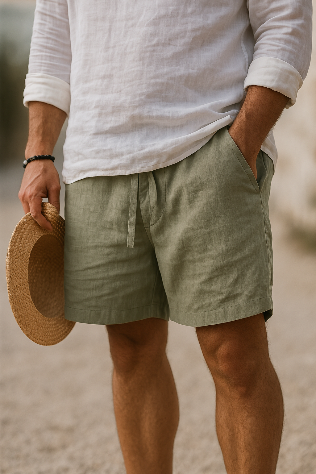 Men's Linen-Blend Casual Shorts with Drawstring Waist and Handy Pockets