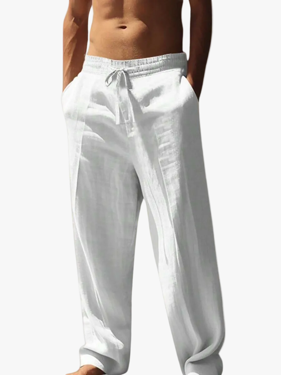 Men's Linen Casual Pants with Adjustable Drawstring Waist and Handy Slant Pockets