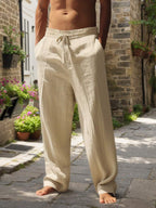 Men's Linen Casual Pants with Adjustable Drawstring Waist and Handy Slant Pockets
