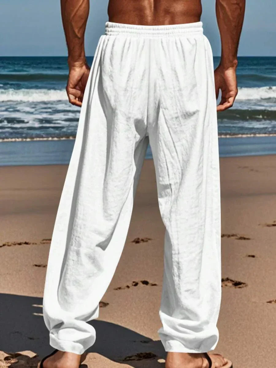 Men's Linen Casual Pants with Adjustable Drawstring Waist and Handy Slant Pockets