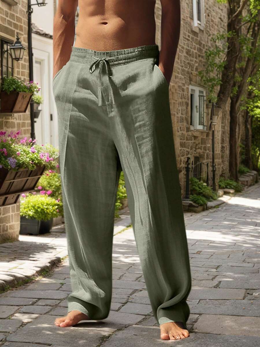 Men's Linen Casual Pants with Adjustable Drawstring Waist and Handy Slant Pockets