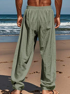 Men's Linen Casual Pants with Adjustable Drawstring Waist and Handy Slant Pockets