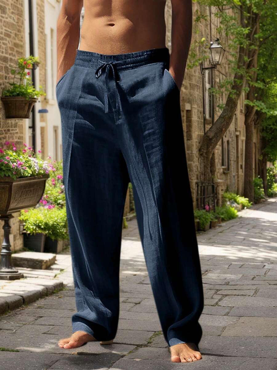 Men's Linen Casual Pants with Adjustable Drawstring Waist and Handy Slant Pockets