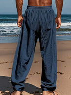 Men's Linen Casual Pants with Adjustable Drawstring Waist and Handy Slant Pockets