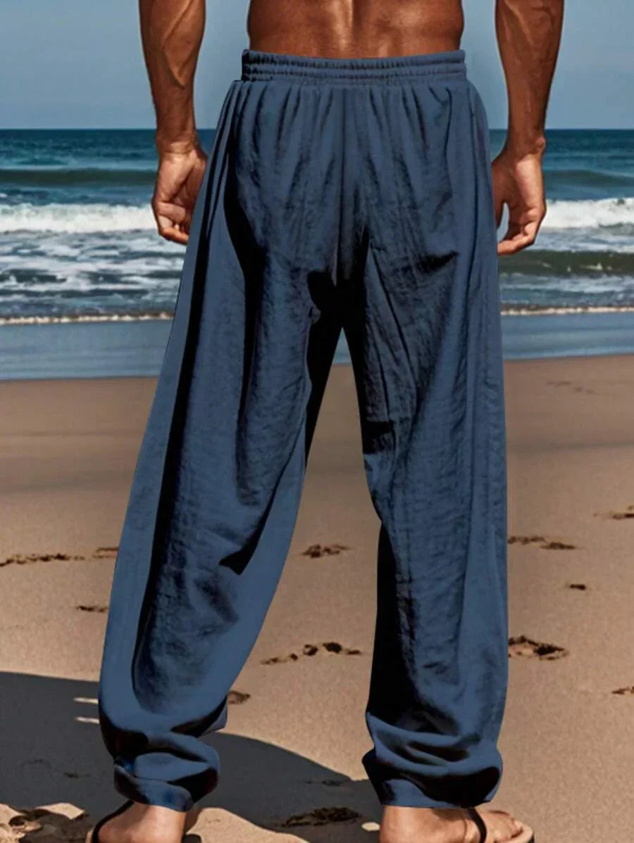 Men's Linen Casual Pants with Adjustable Drawstring Waist and Handy Slant Pockets