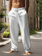 Men's Linen Casual Pants with Adjustable Drawstring Waist and Handy Slant Pockets