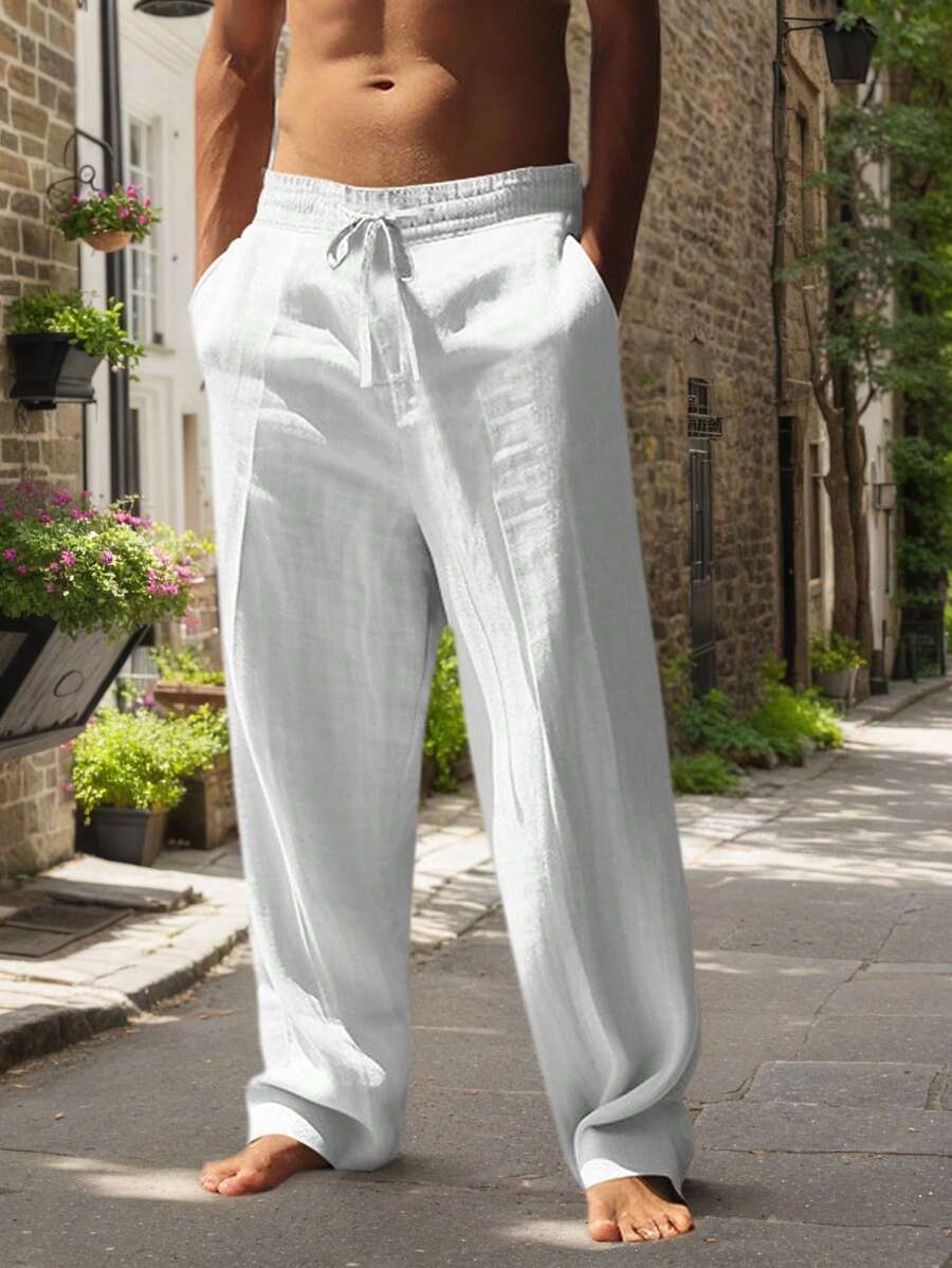 Men's Linen Casual Pants with Adjustable Drawstring Waist and Handy Slant Pockets