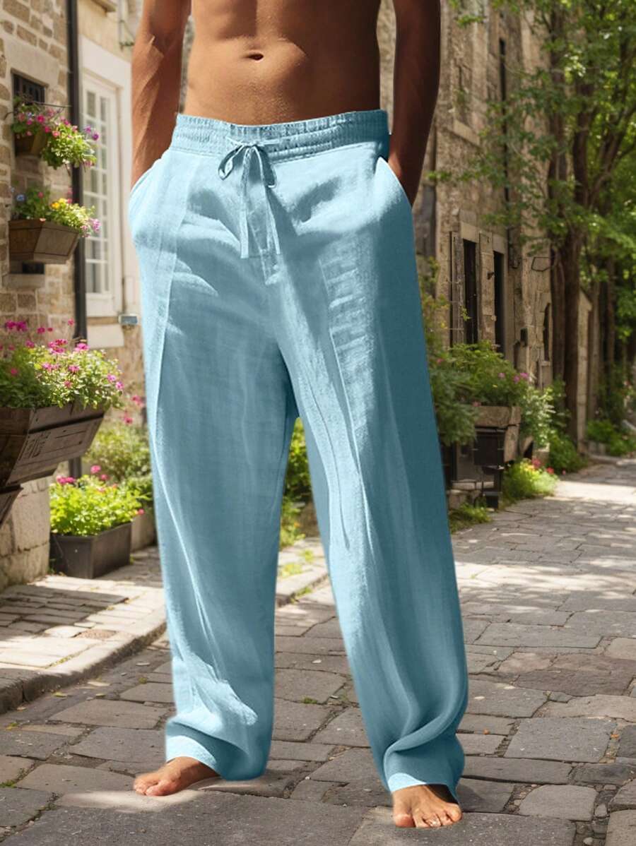 Men's Linen Casual Pants with Adjustable Drawstring Waist and Handy Slant Pockets