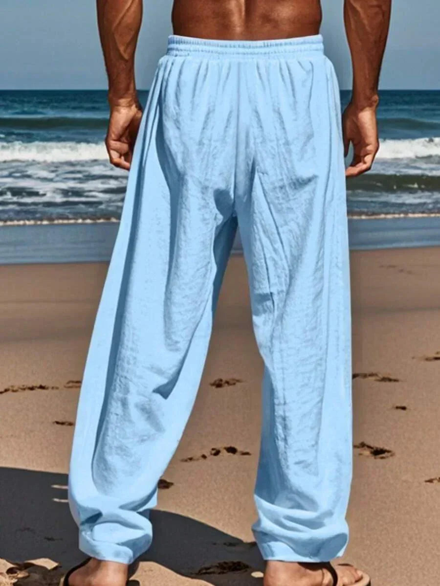 Men's Linen Casual Pants with Adjustable Drawstring Waist and Handy Slant Pockets