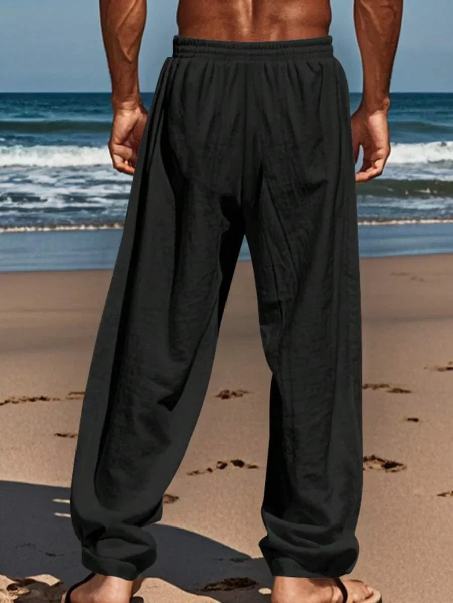 Men's Linen Casual Pants with Adjustable Drawstring Waist and Handy Slant Pockets