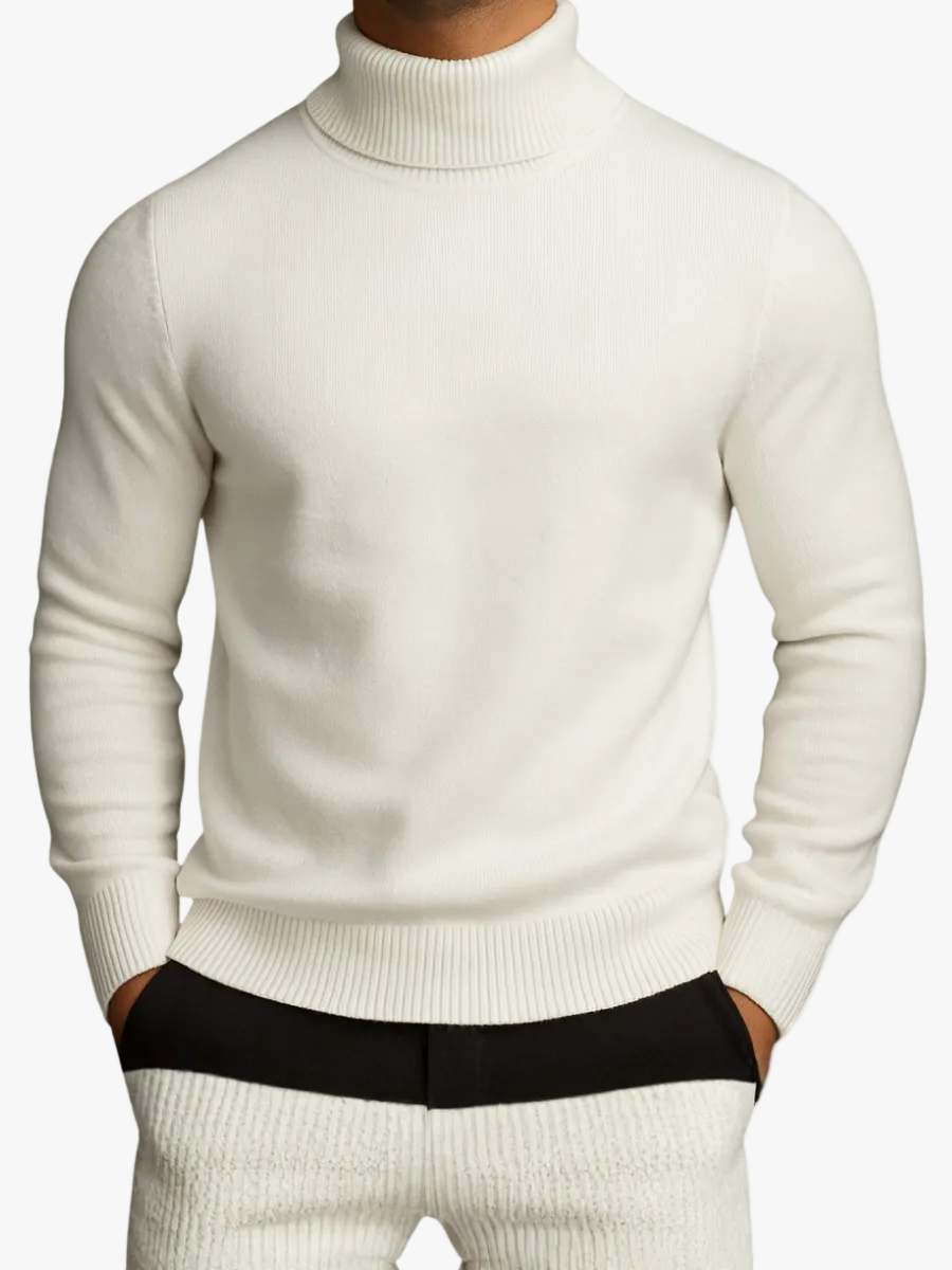 Men's Classic Knit Turtleneck Sweater with Ribbed Neck and Hem - Timeless Comfort